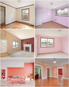 four different rooms with pink walls and white trim on the doors, windows, and wood floors