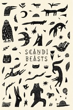 an image of various animals and birds in black ink on white paper with the words sandi beasts