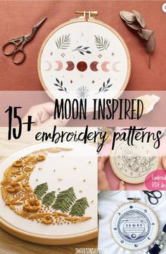 A curated list of moon embroidery patterns to hand stitch! Modern celestial designs including moon embroidery kits and free moon embroidery patterns. Floss Embroidery Ideas, Embroidery Learning Pattern, Embroidered Patterns Free, Beginner Embroidery Projects Simple, Embroidery Ideas For Beginners Projects, Moon Embroidery Pattern Free, Embroidery Beginner Pattern Free, Free Embroidery Patterns Hand, Moon Embroidery Ideas