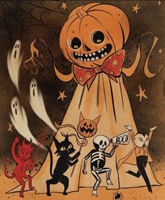 an image of halloween scene with pumpkins and cats