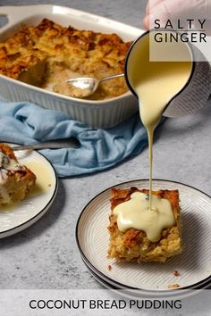 Custard being poured over coconut bread pudding Coconut Bread Pudding, Malva Pudding, Coconut Bread, Coconut Pudding, Pantry Ingredients, Rich Desserts, South African Recipes, Pudding Desserts