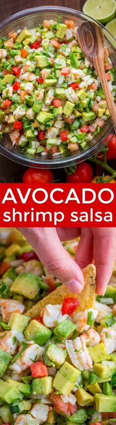 avocado shrimp salsa in a glass bowl with tortilla chips on the side