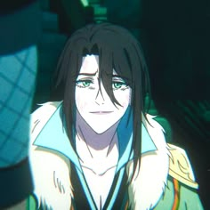 an anime character with long black hair and green eyes looks at the camera while sitting down