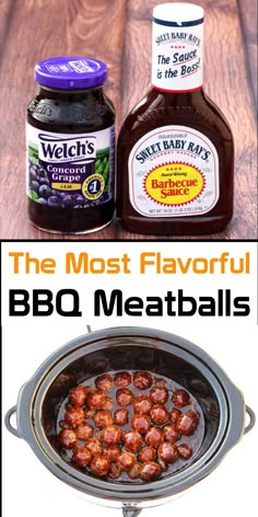 the ingredients for crockpot bbq meatballs are shown in this collage