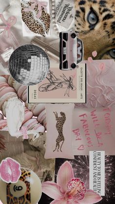 a collage of photos with pink flowers and leopard print on them, including an animal's face