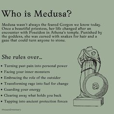 a poster with the words who is medusa? and an image of a statue