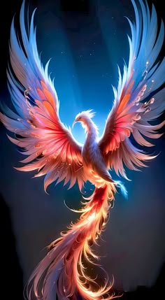 a colorful bird flying through the air with its wings spread out and glowing in the dark