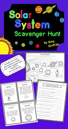 the solar system scavenger hunt with text and pictures on purple background for kids to use