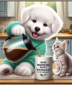 a white puppy pouring coffee into a mug next to a kitten on the kitchen counter