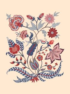 an embroidered design with flowers and leaves in red, pink, blue and white colors