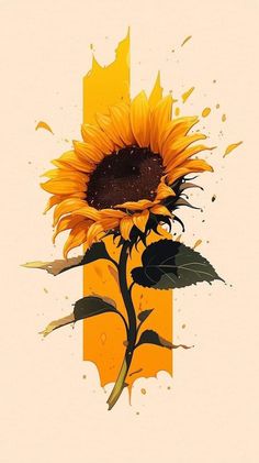 a painting of a sunflower on a yellow and white background with watercolor splashes