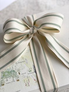 a gift wrapped in white and green ribbon with a tree on it's side