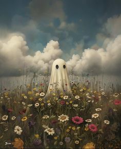 a painting of a ghost in a field of flowers