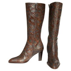 NWT Oscar de la Renta Leather Knee Boots Italian size 37 Brown Floral tooled over the they gray color make this boots very unique. Hand welted, Stacked heel, Side zip closure. Shaft height - 15 inches, Calf circumference - 12.75", Heel height - 3". Made in Italy. New with box. Unique Heels, Leather Knee Boots, Tooled Leather, Brown Floral, Designer Heels, Heel Boots, Tall Boots, Leather Tooling, Stacked Heel