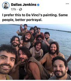 a group of people on a boat posing for a photo with the caption'i prefer this to davinic's painting same people, better portrait '