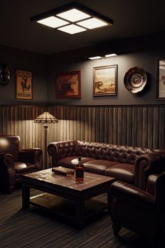 a living room with leather couches and pictures on the wall