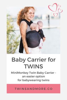 a woman holding a baby in her sling with the words, baby carrier for twins