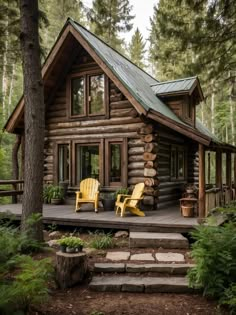 a log cabin with two yellow chairs on the porch and steps leading up to it