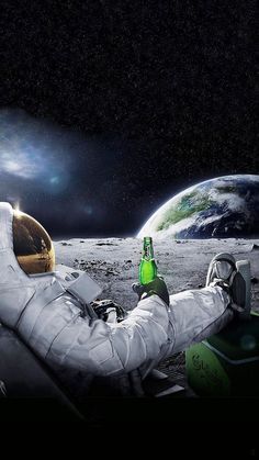 an astronaut sitting on the moon drinking beer