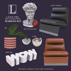 an assortment of furniture including a chair, vase and candle holder with the name leosims on it