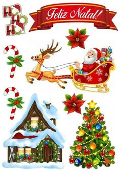 christmas stickers with santa and reindeer on sleigh, tree, snowman