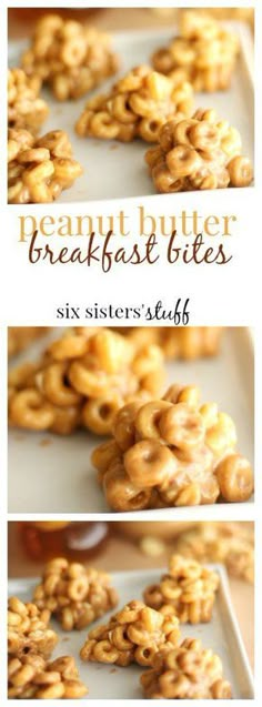 three pictures of peanut butter breakfast bites on a white plate with text overlay that reads, six sisters stuff