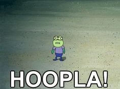 a cartoon character standing in the middle of a field with words hoopla on it