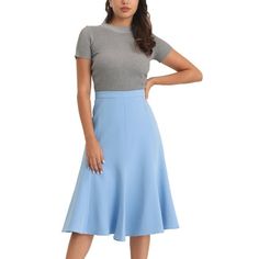 STYLE - Keep your look elegant and semi-formal in summer weather with this fashion skirt from Hobemty, featuring midi length, fishtail hem and A-line. OUTFIT - Comfortable and classic, pair with semi-formal shirt and heels for a chic office look. OCCASION - Focused on Ladies' Semi-Formal Wear - This skirt can be a perfect addition to almost any outfit from formal to daily wear, great for work, meeting, office, businesses, work, party, cocktail, wedding, casual, daily dressing, etc. Size: L.  Col Light Blue Midi Skirt, Office Midi Skirt, Meeting Office, Outfit Comfortable, Blue Midi Skirt, Wedding Casual, Semi Formal Wear, Work Meeting, Tulip Skirt