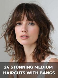 Delve into 24 medium hair options with bangs, each offering a chic way to freshen up your style. The layers and bangs together create a dynamic, voluminous appearance. Mid Length Hair Styles With Bangs, Loose Perms, Shorter Bangs, Mid Length Hair Styles, Medium Hairstyles With Bangs, Bang Inspo, Bang Styles, Medium Haircuts With Bangs