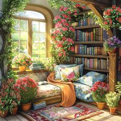 a living room filled with lots of flowers and bookshelves next to a window