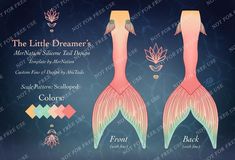 the little mermaid's tail is shown in pink, green and blue colors with other details