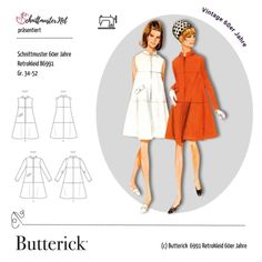 the butterick dress pattern is shown in two different styles, including an orange and white color