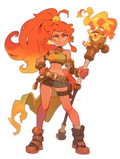 an orange haired woman holding two torches