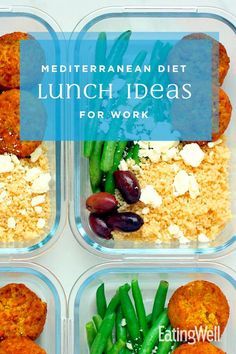 four plastic containers filled with different foods and the words mediterranean diet lunch ideas for work