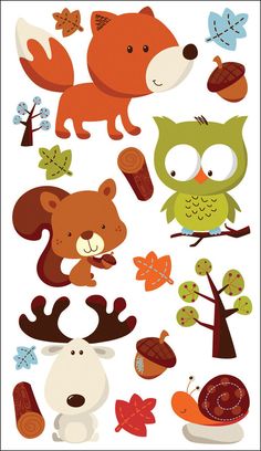 an image of various animals and leaves on a white background with the words autumn written below it