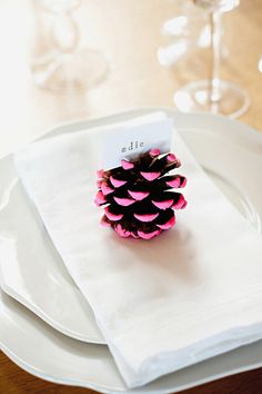 a pine cone is sitting on top of a white plate with a place card in it