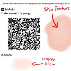 a close up of a qr code on a white background with red text and an image of a skin texture