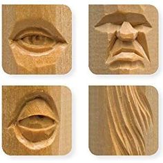 four carved wooden faces with different shapes and sizes, each depicting an individual's eye