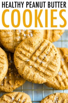 peanut butter cookies on a cooling rack with the words healthy peanut butter cookies above them