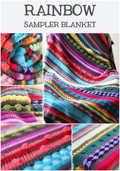 the rainbow crochet sample blanket is shown in different colors and sizes, with text overlay