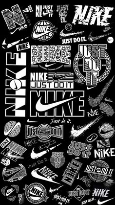 a poster with different types of nike logos and words in white ink on black paper