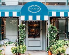 a store front with potted plants in front of it and an awning over the door