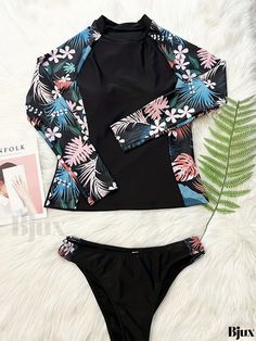 Bjux - Womens Floral Print Long Sleeve Crew Neck 2 Piece Set Tankini: Patchwork Stretchy Black Water Sport Swimsuits for Stylish Swimwear & Clothing Fitted Black Floral Print Sets, Fitted Black Sets For Beach Season, Fitted Black Printed Sets, Long Sleeve Swimming Sets For Spring, Black Stretch Beachwear Sets, Fitted Black Beachwear Sets, Fitted Long Sleeve Sets For Beach Season, Fitted Black Beach Set, Black Swimwear Sets For Beach Season