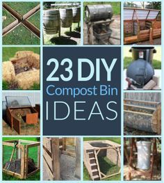 the cover of 23 diy compost bin ideas is shown in many different pictures