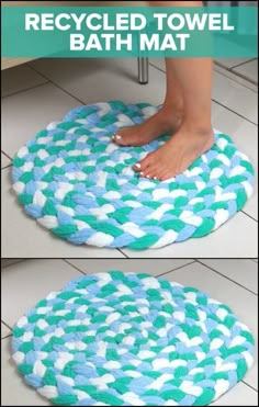 two pictures showing how to make a bath mat with the foot on top and bottom