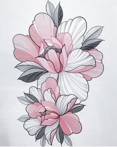 a drawing of pink and white flowers with leaves