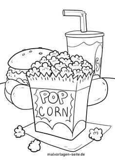 a popcorn box with a drink and some clouds on the ground coloring pages for kids