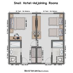 the floor plan for a small hotel room with two beds and one living area in it