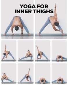 a man is doing yoga poses on his stomach and back with the words yoga for inner thighs