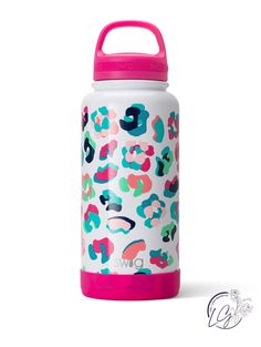 a white and pink water bottle with colorful animal print on the front, sitting against a white background